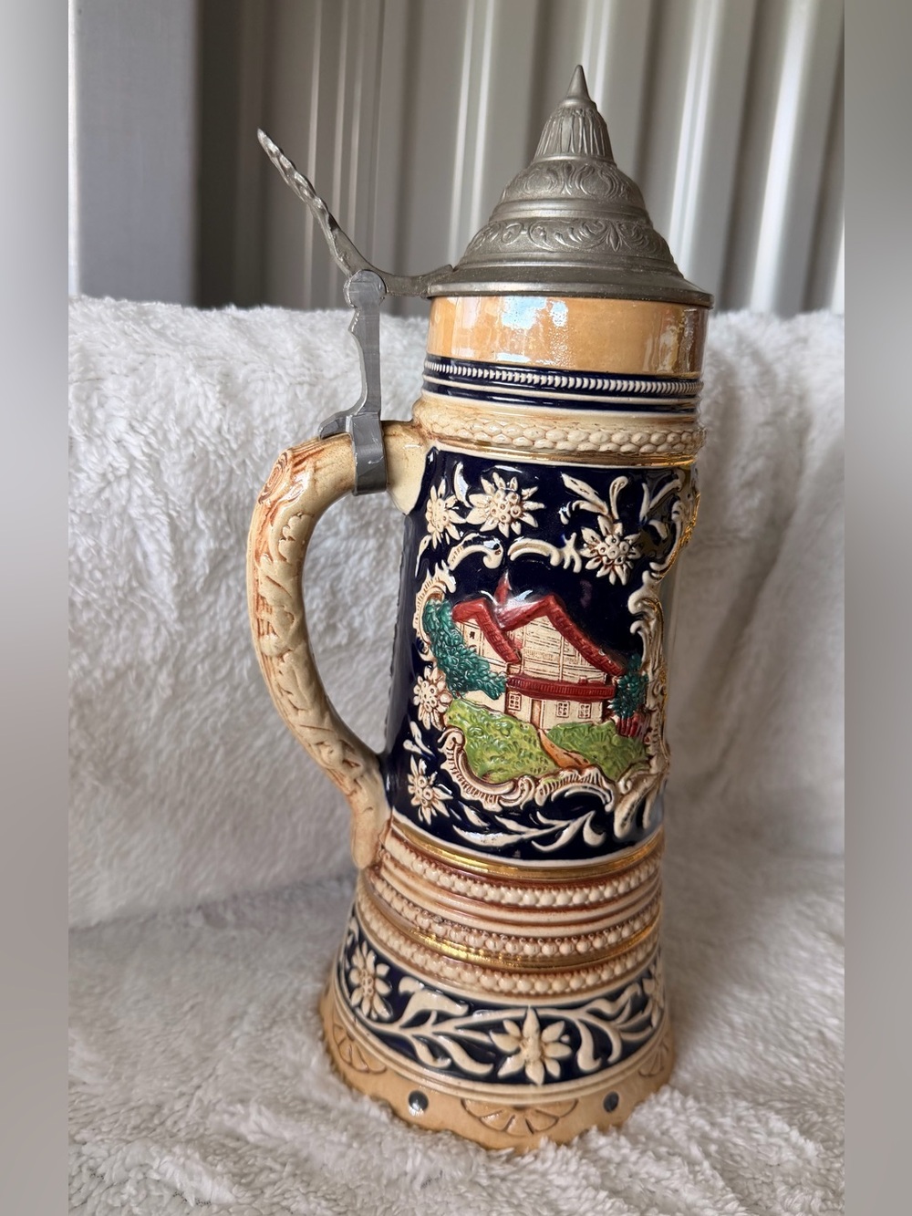 Vintage German Beer Stein Beck’s Brewery Pewter Lid Ornate Ceramic Tankard